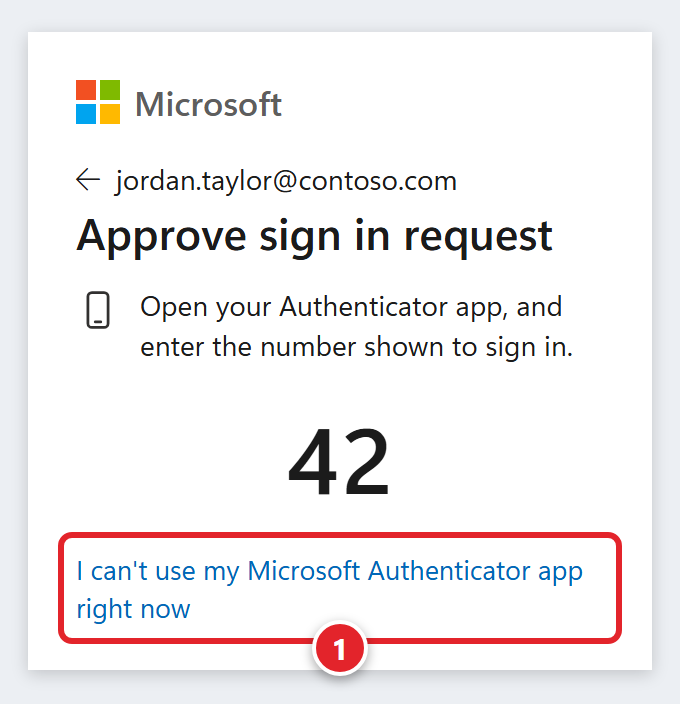 The Microsoft sign-in screen for jordan.taylor@contoso.com titled Approve sign in request. It says: Open your Authenticator app, and enter the number shown to sign in. Below the number 42, the link I can't use my Microsoft Authenticator app right now is marked 1.