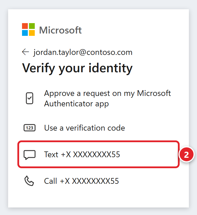 The next Microsoft sign-in screen, Verify your identity, listing: Approve a request on my Microsoft Authenticator app, Use a verification code, Text +X XXXXXXXX55, and Call +X XXXXXXXX55. The Text option is marked 2.