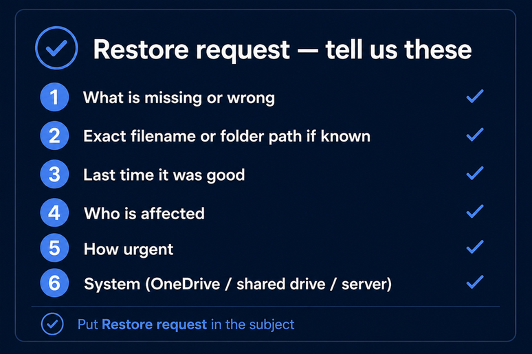 Restore request checklist — tell us these six details