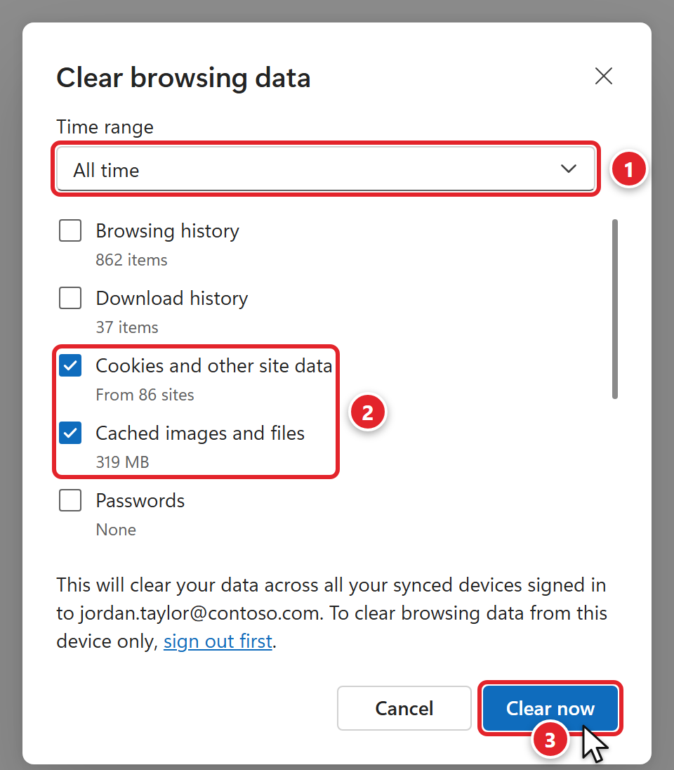 The Microsoft Edge Clear browsing data box. Time range is set to All time and marked 1. Only Cookies and other site data and Cached images and files are ticked, marked 2. Browsing history, Download history and Passwords are unticked. The Clear now button, next to Cancel, is marked 3.