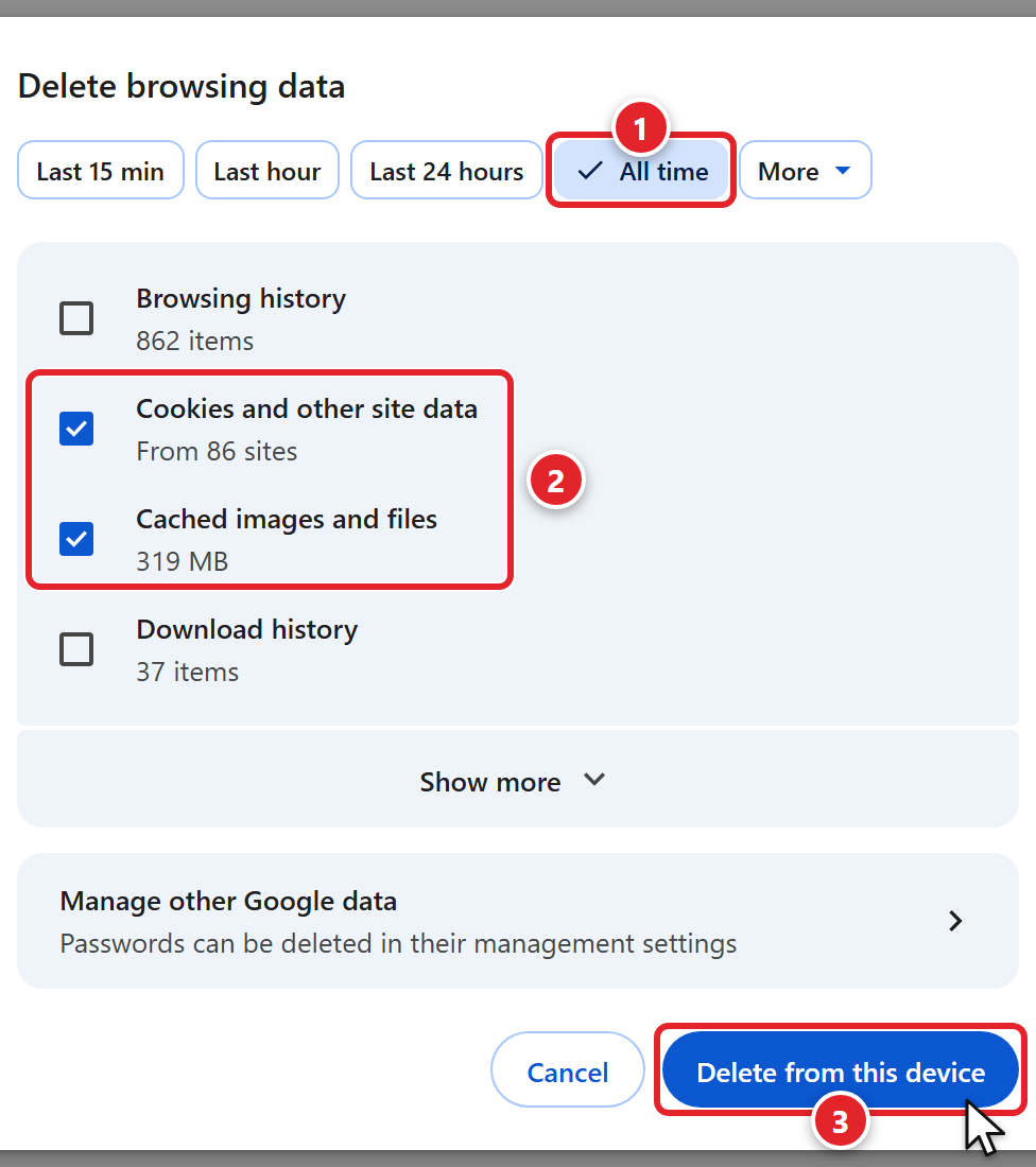 The Google Chrome Delete browsing data box. The All time button, which shows a check mark, is marked 1. Only Cookies and other site data and Cached images and files are ticked, marked 2. Browsing history and Download history are unticked. The Delete from this device button, next to Cancel, is marked 3.