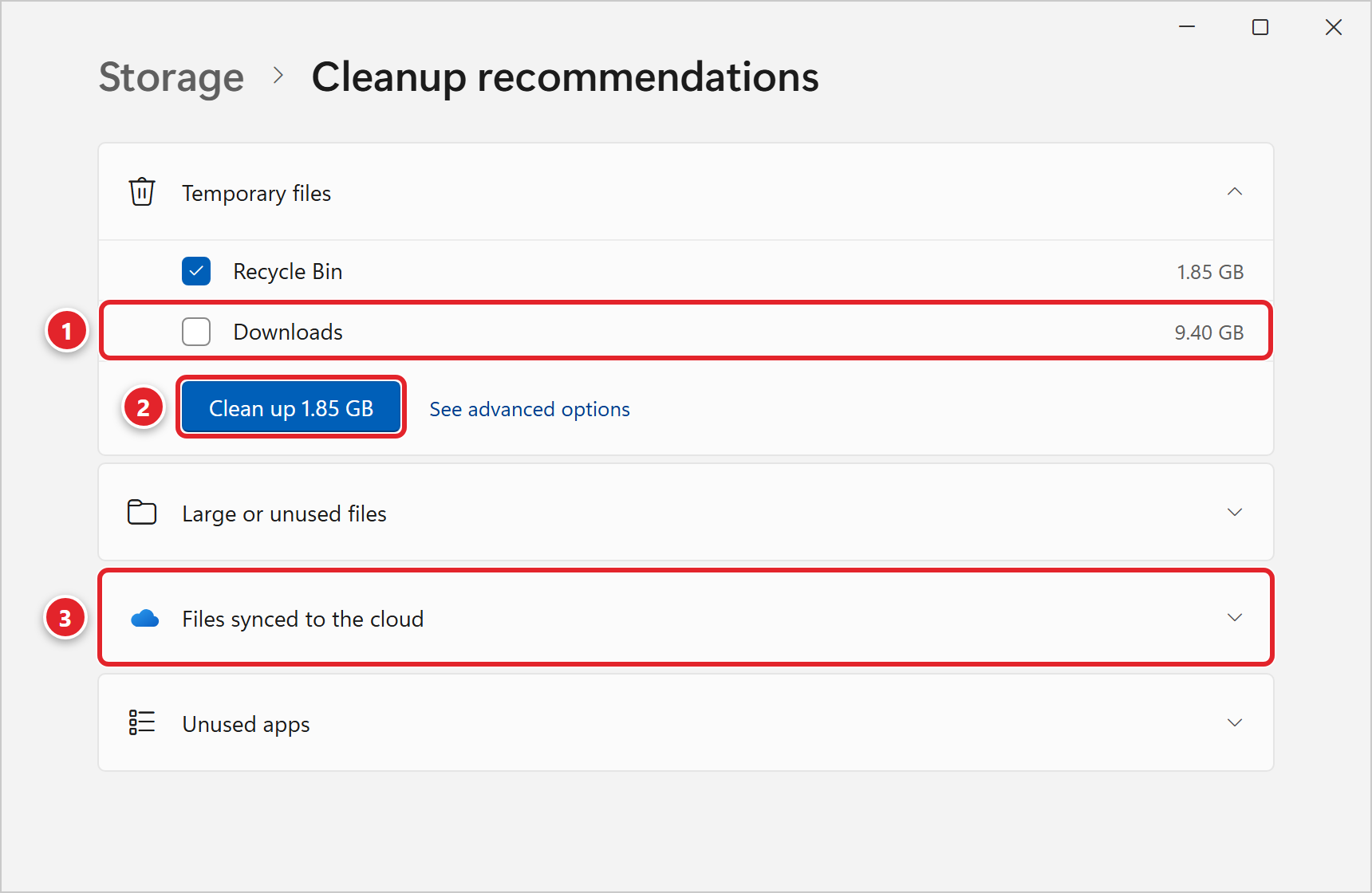 The Cleanup recommendations page in Settings. Under Temporary files, Recycle Bin (1.85 GB) is checked and Downloads (9.40 GB) is unchecked and marked 1. The Clean up 1.85 GB button is marked 2. Below are Large or unused files, Files synced to the cloud (marked 3) and Unused apps.