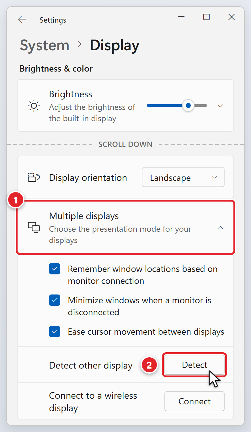 Windows Settings, System, Display, with only the laptop's own screen set up, so the page starts with Brightness for the built-in display. Further down, the Multiple displays section is marked 1 and is expanded. Below its three check boxes, the Detect button on the Detect other display row is marked 2. Connect to a wireless display is the last row.
