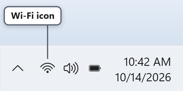 The Windows taskbar next to the clock, enlarged. A gray label points to the Wi-Fi icon, a fan of curved bars, just left of the speaker and battery icons.