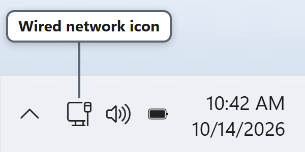The Windows taskbar next to the clock, enlarged. A gray label points to the wired network icon, a small screen with a cable, just left of the speaker and battery icons.