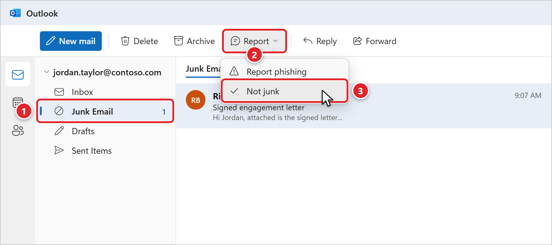 New Outlook with the Junk Email folder selected and marked 1. A message from Riverside Bookkeeping is selected. The Report button on the toolbar is marked 2 and its menu shows Report phishing and Not junk; Not junk is marked 3.