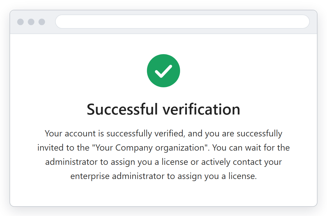 A web page with a green check mark and the heading Successful verification: your account is successfully verified, and you are successfully invited to the Your Company organization.