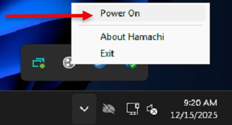 The Hamachi right-click menu with Power On highlighted