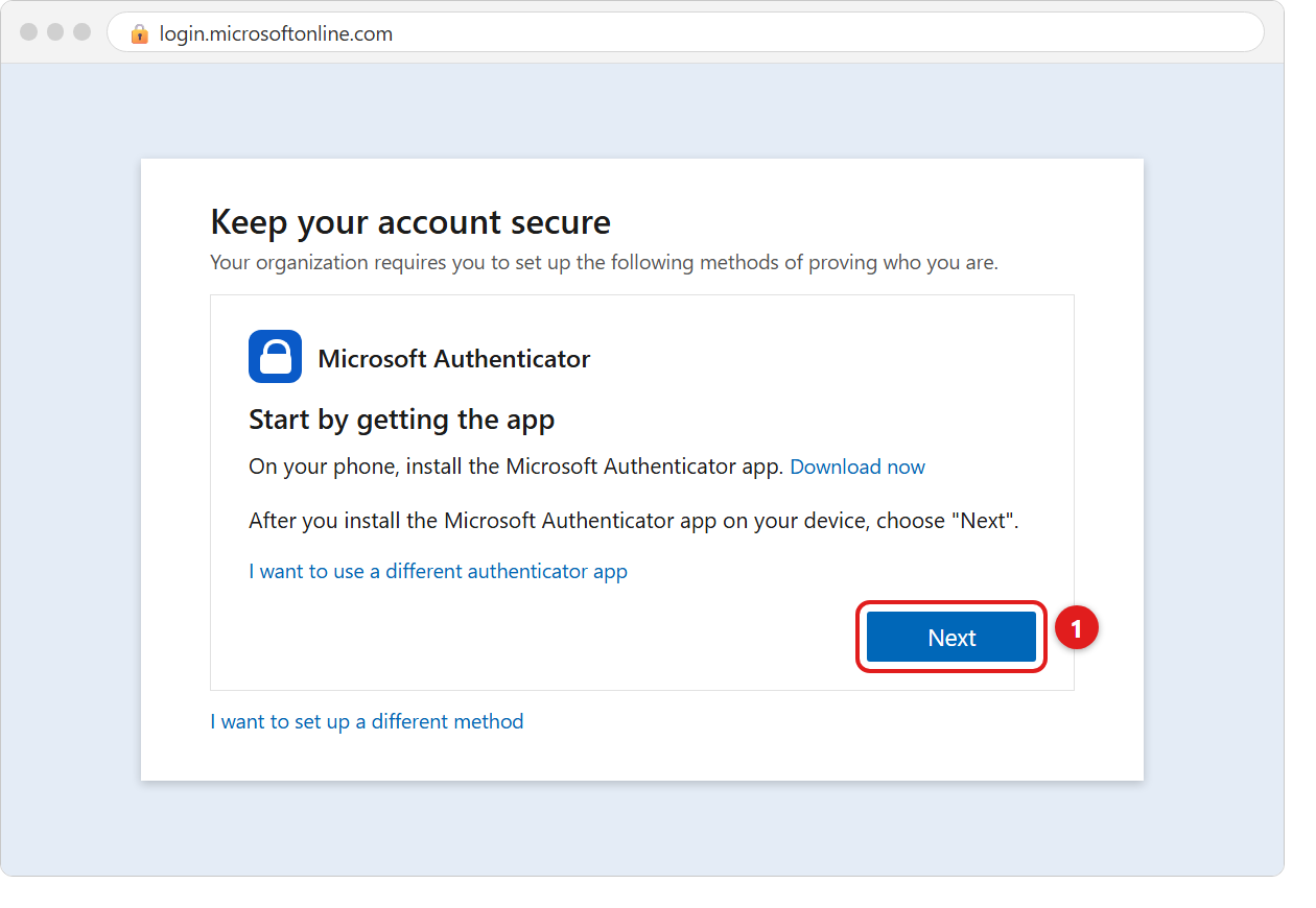 The Keep your account secure screen with the heading Start by getting the app. The Next button is marked 1.