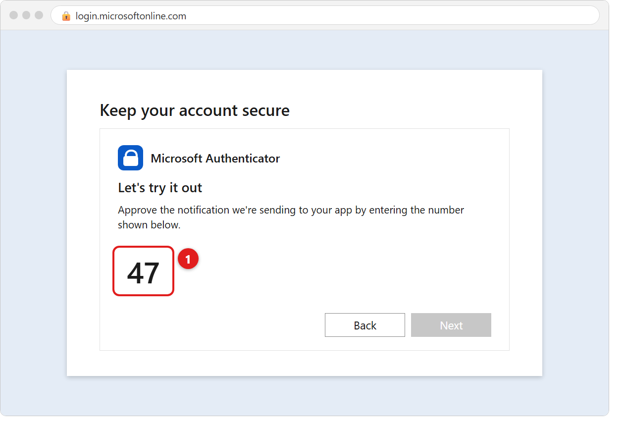 The Let's try it out screen showing a large two-digit number, 47 in this example, marked 1.