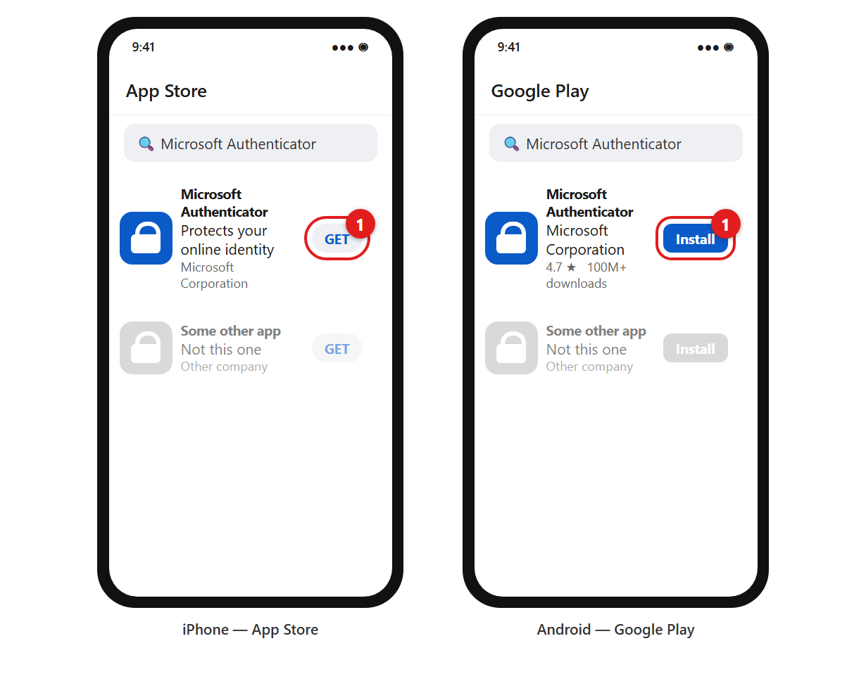 Two phones side by side. On the iPhone App Store and on Google Play, the search result Microsoft Authenticator by Microsoft Corporation is shown with the Get or Install button circled in red.