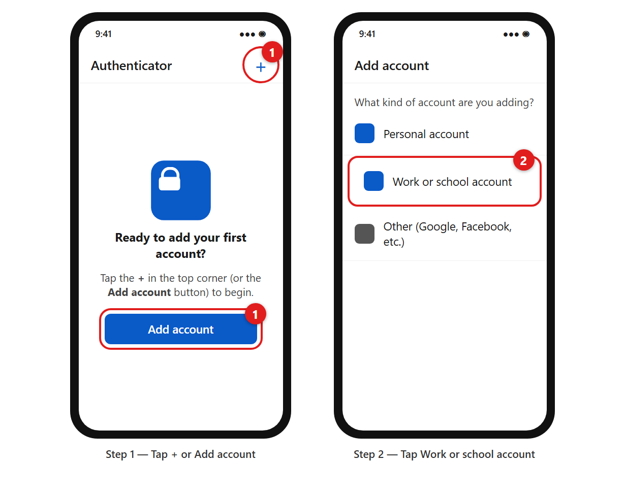 Two phone screens. On the first, the Authenticator app's plus button and Add account button are circled and marked 1. On the second, the Work or school account option is circled and marked 2.