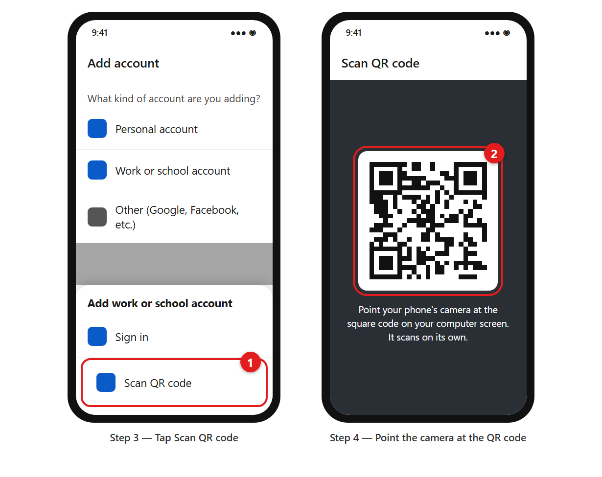 Two phone screens. On the first, the Scan QR code option is circled and marked 1. On the second, the camera view shows a QR code inside a frame marked 2, with the note that it scans on its own.