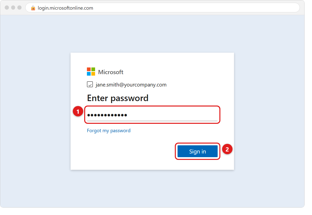 The Enter password box. The password field is marked 1 and the blue Sign in button is marked 2.