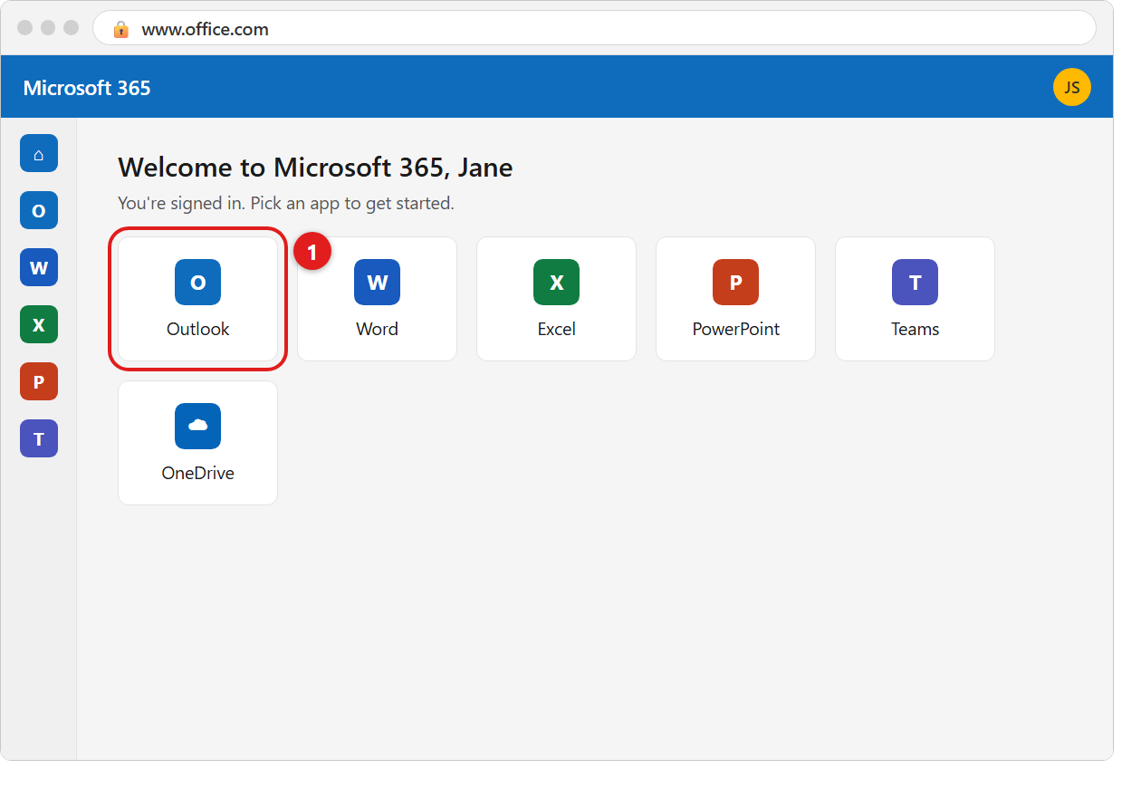 The Microsoft 365 home page after signing in, with the Outlook app tile marked 1.