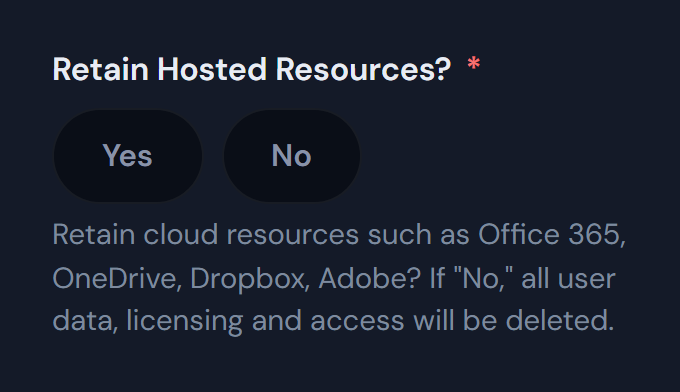 The Retain Hosted Resources? field on our support form, marked required with a red asterisk. It has two buttons, Yes and No, and the hint under them reads: Retain cloud resources such as Office 365, OneDrive, Dropbox, Adobe? If No, all user data, licensing and access will be deleted.