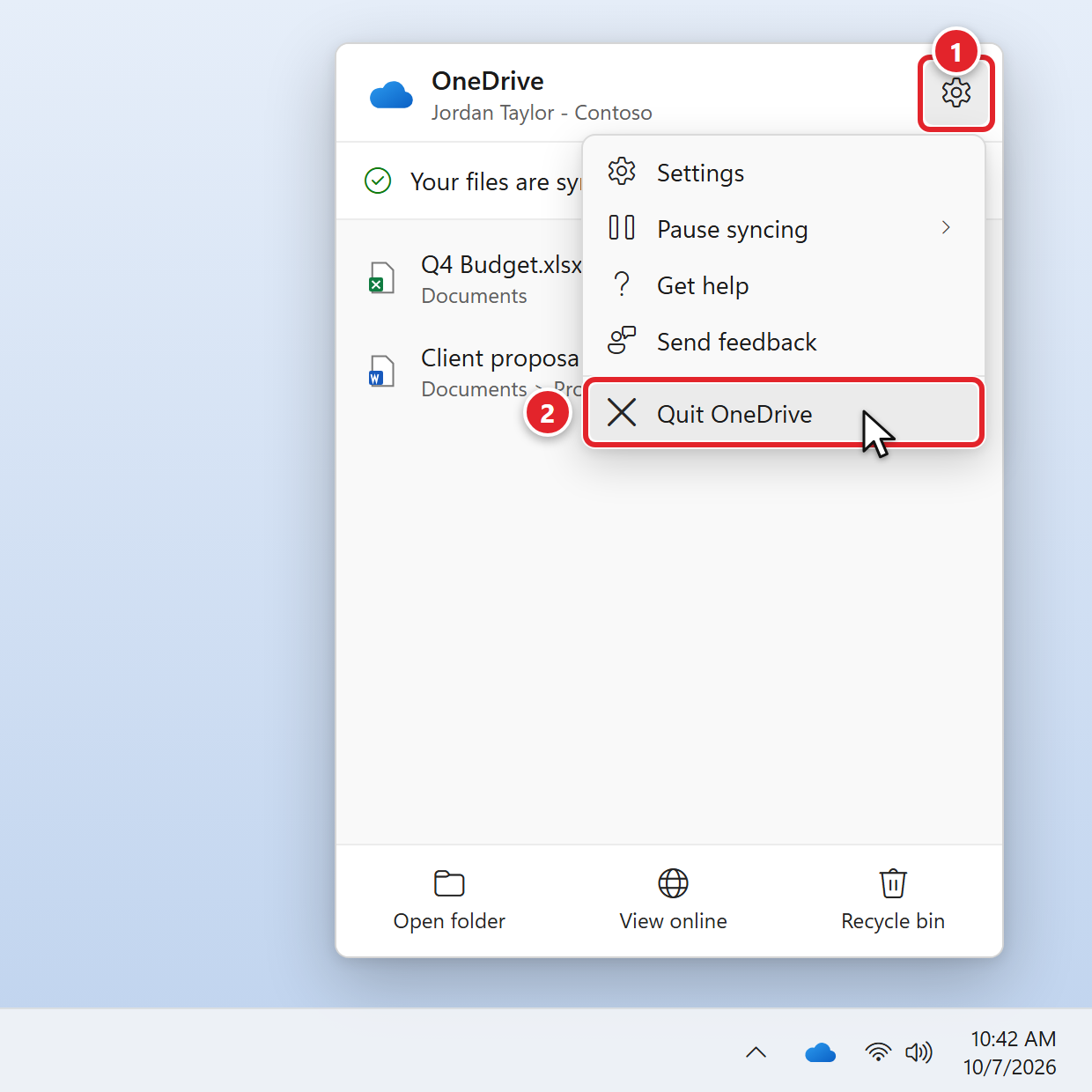 The OneDrive window with the Help and Settings gear at the top right marked 1. Its menu is open, listing Settings, Pause syncing, Get help, Send feedback and Quit OneDrive; Quit OneDrive is marked 2.