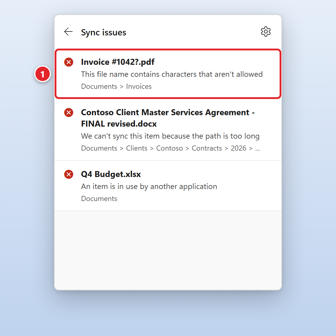 The OneDrive Sync issues list. The first item, Invoice #1042?.pdf in Documents, Invoices, says This file name contains characters that aren't allowed, and is marked 1. Two more items: a document with a long name says We can't sync this item because the path is too long, and Q4 Budget.xlsx says An item is in use by another application.