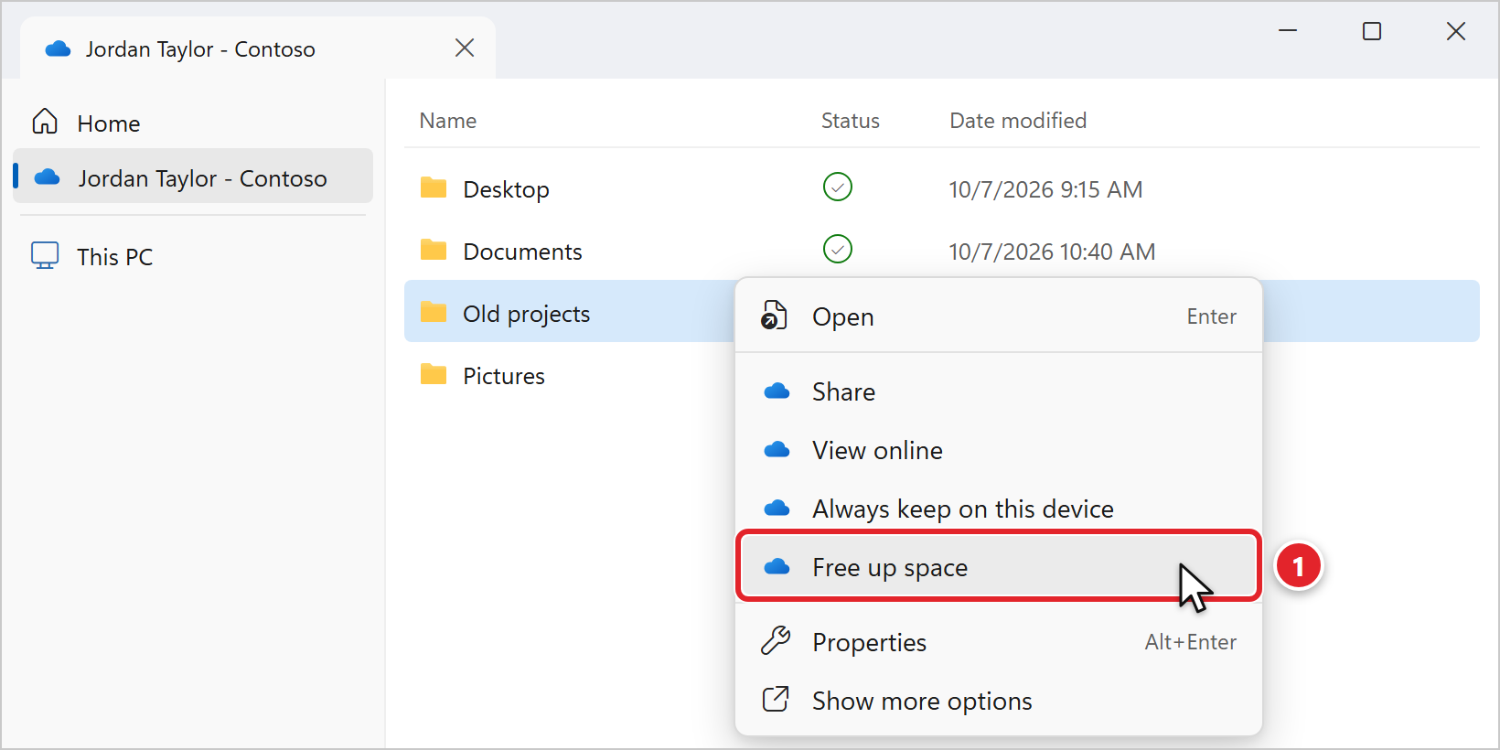 File Explorer in the OneDrive folder Jordan Taylor - Contoso. The folder Old projects has been right-clicked. The menu lists Open, Share, View online, Always keep on this device, Free up space, Properties and Show more options; Free up space is marked 1.
