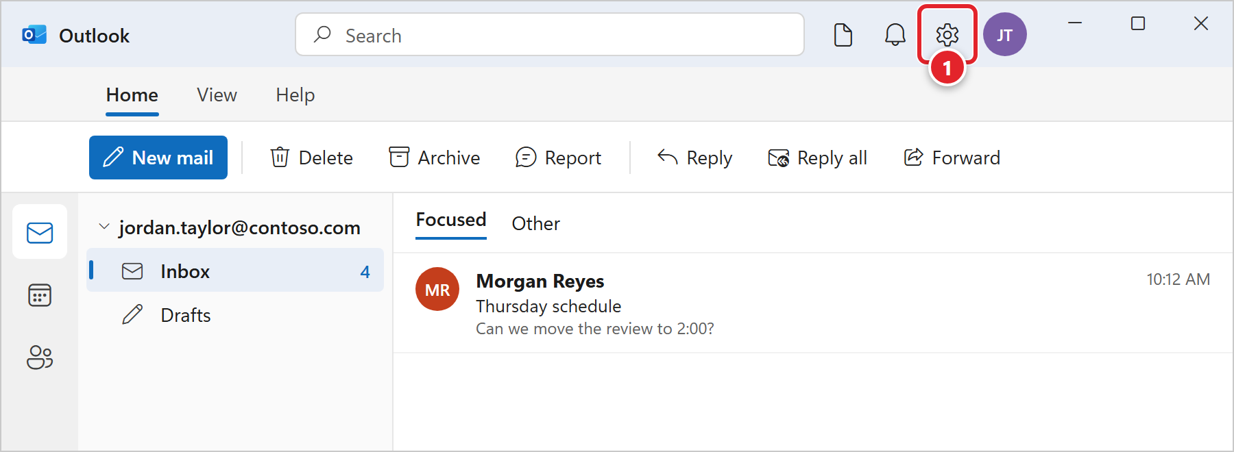 New Outlook for Windows. At the top right, next to the notifications bell and the profile picture, the Settings gear is marked 1.