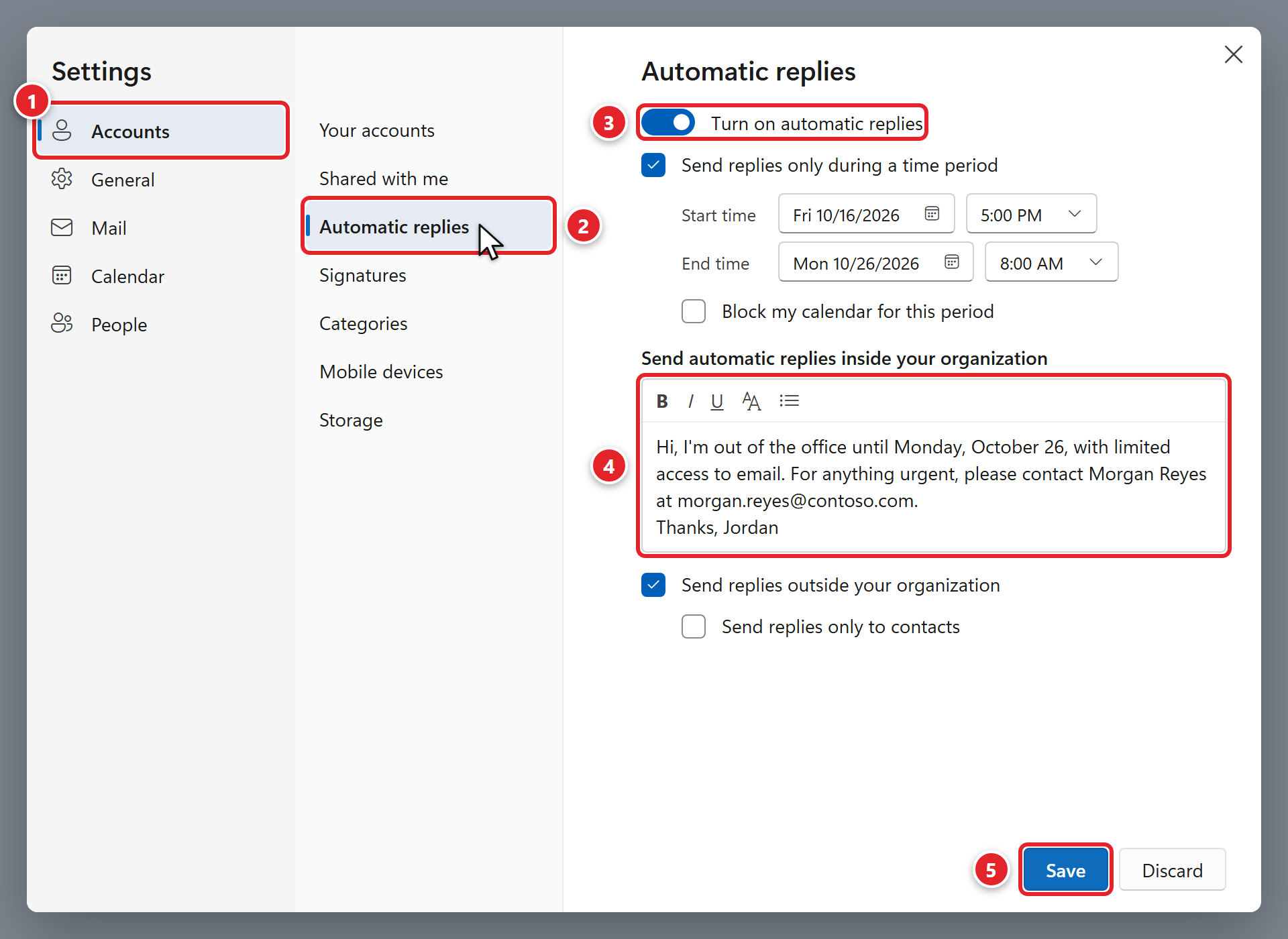 The new Outlook Settings window. Accounts is marked 1 and Automatic replies is marked 2. On the right, the Turn on automatic replies switch is on and marked 3. Send replies only during a time period is checked, with a start time of Friday 10/16/2026 5:00 PM and an end time of Monday 10/26/2026 8:00 AM. The message box under Send automatic replies inside your organization is marked 4. Send replies outside your organization is checked. The Save button at the bottom is marked 5.