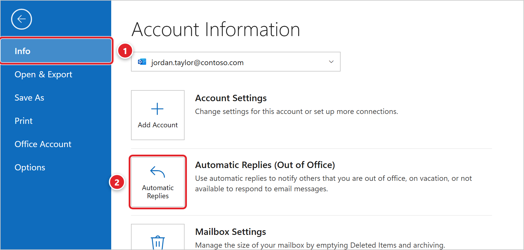 Classic Outlook after clicking the File tab. Info is selected on the left and marked 1. On the Account Information page, the Automatic Replies button next to Automatic Replies (Out of Office) is marked 2.