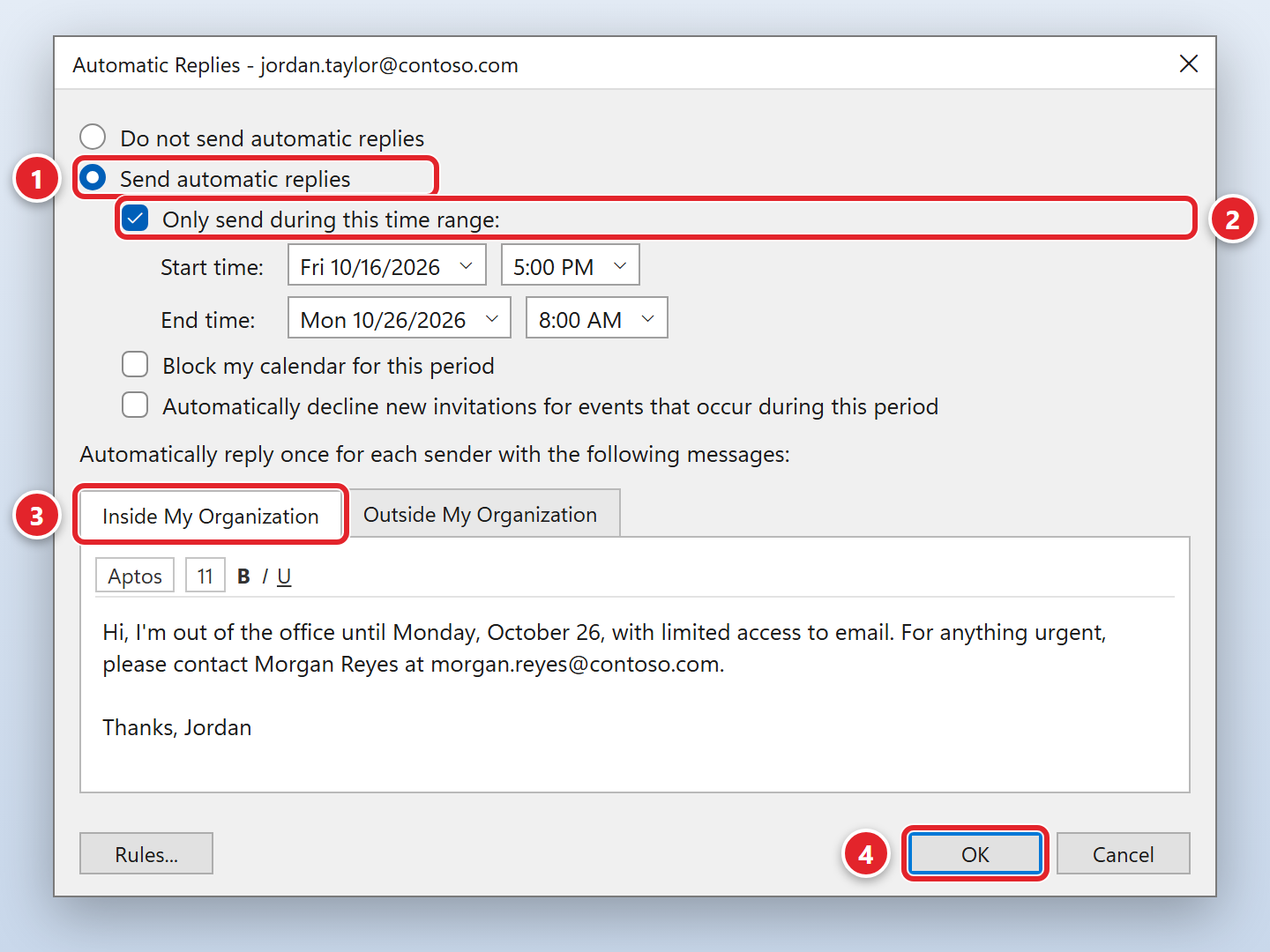 The classic Outlook Automatic Replies window. Send automatic replies is selected and marked 1. Only send during this time range is checked and marked 2, with start and end times below it. The Inside My Organization tab is marked 3 and shows the out-of-office message. The OK button is marked 4.