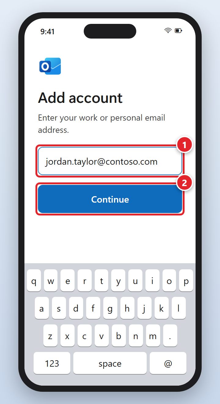 The Outlook app on a phone showing Add account, Enter your work or personal email address. The email box containing jordan.taylor@contoso.com is marked 1, and the Continue button is marked 2.
