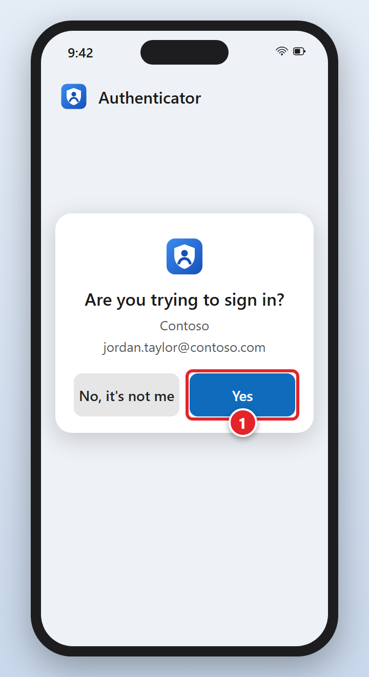 Microsoft Authenticator on a phone asking Are you trying to sign in? for Contoso, jordan.taylor@contoso.com, with No, it's not me and Yes buttons. Yes is marked 1.