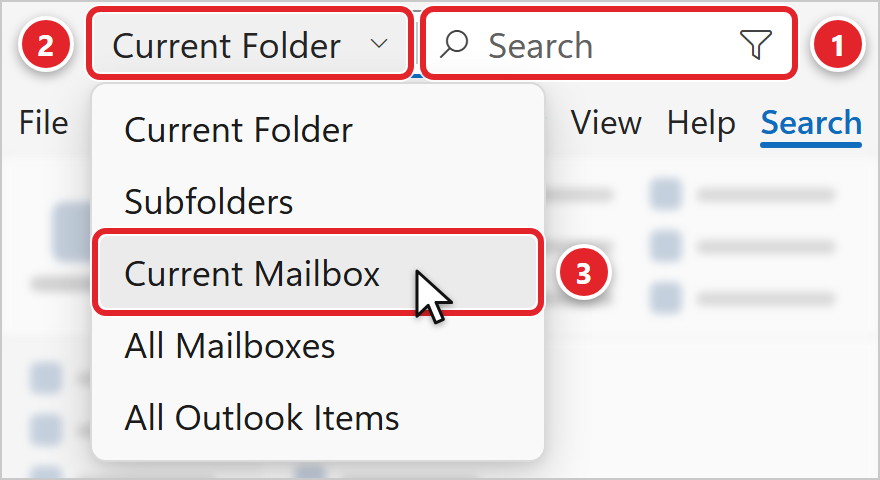 Classic Outlook after clicking into the search box at the top of the window. The search box is marked 1. The scope drop-down at the left end of the search box reads Current Folder and is marked 2. Its open list shows Current Folder, Subfolders, Current Mailbox, All Mailboxes and All Outlook Items, and Current Mailbox is marked 3. The File tab is at the top left, and the Search tab is selected in the ribbon.