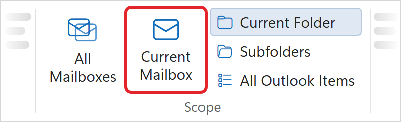 The Scope group on the classic Outlook Search tab, with the buttons All Mailboxes, Current Mailbox, Current Folder, Subfolders and All Outlook Items. Current Folder is selected, and Current Mailbox has a red box around it.