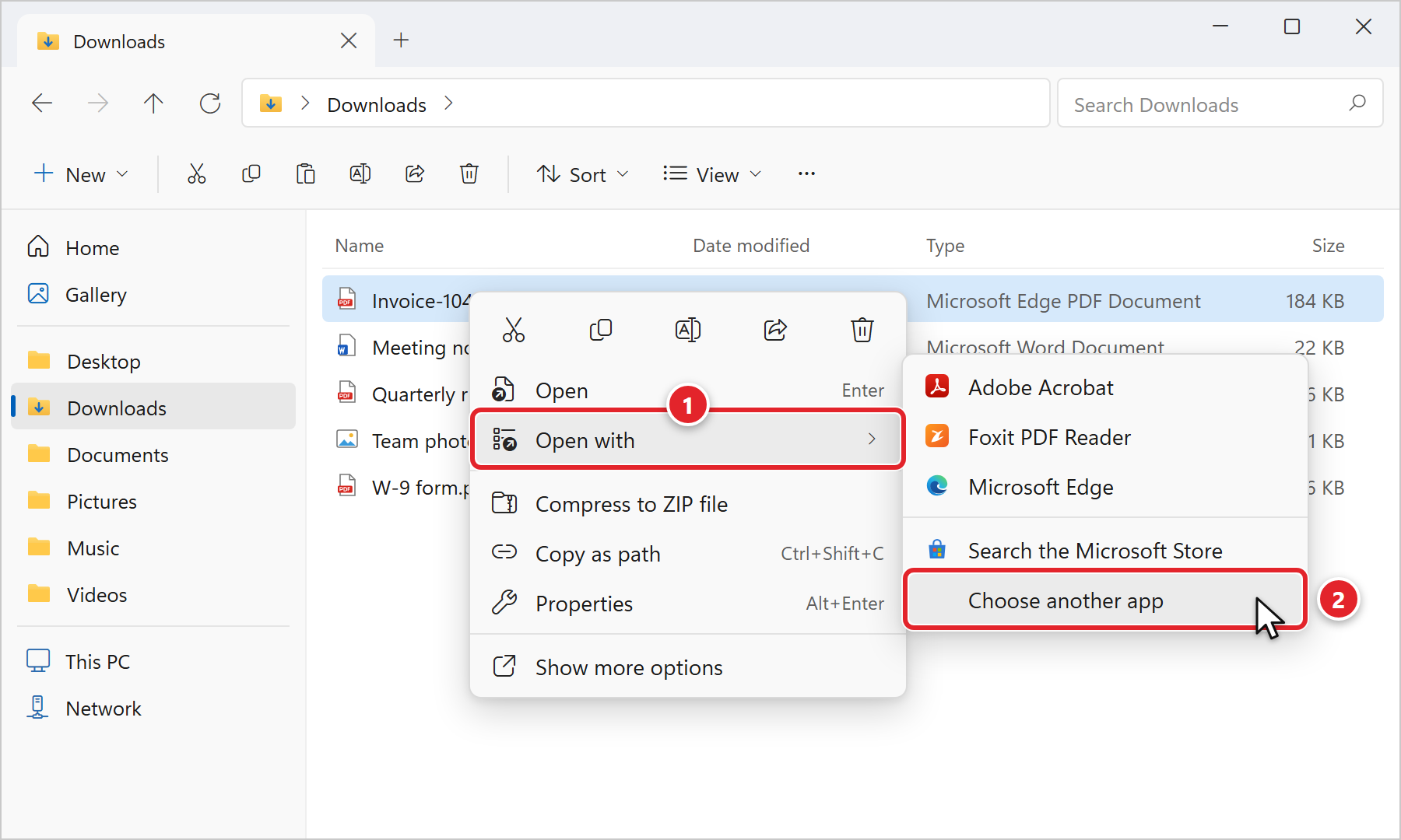 File Explorer showing the Downloads folder. A PDF file has been right-clicked: in the menu, Open with is marked 1, and in the list that opens beside it (Adobe Acrobat, Foxit PDF Reader, Microsoft Edge, Search the Microsoft Store), Choose another app is marked 2.