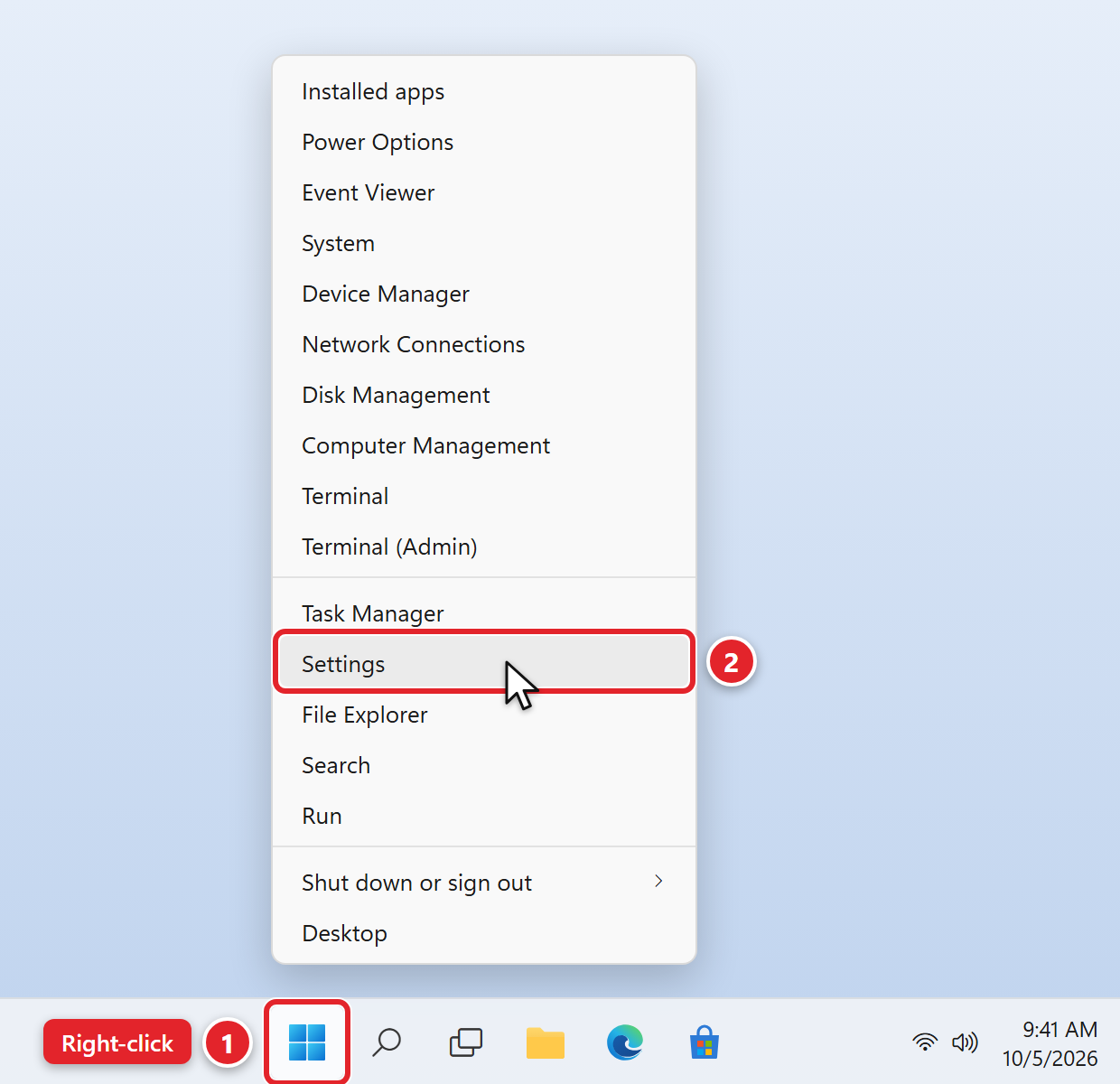 The Windows 11 taskbar with the Start button marked 1 and labelled Right-click. The menu that opens above it lists Installed apps, Task Manager, Settings, File Explorer and more; Settings is marked 2.