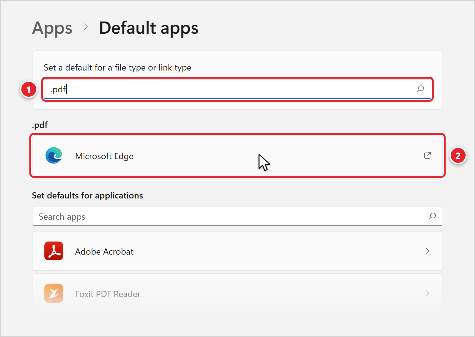 The Default apps page in Settings. .pdf has been typed in the Set a default for a file type or link type box, marked 1. Below it, under .pdf, the current app Microsoft Edge is marked 2.