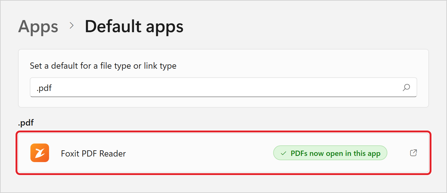 The Default apps page after the change: under .pdf it now shows Foxit PDF Reader, with a note that PDFs now open in this app.