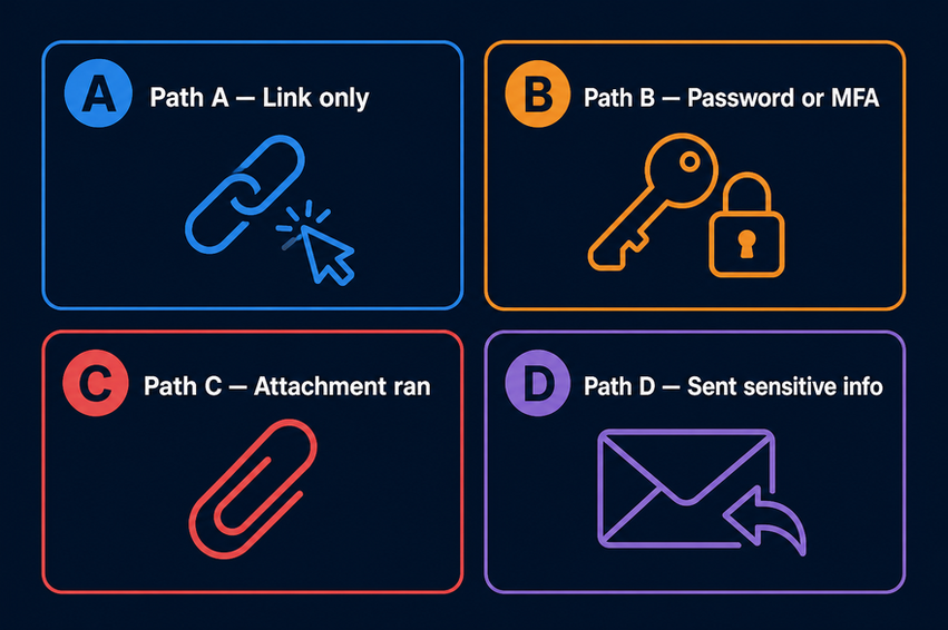 Path A link only, Path B password or MFA, Path C attachment, Path D sent sensitive info