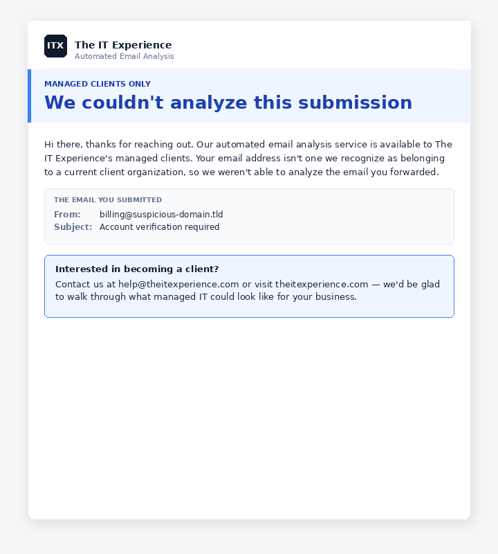 Sample reply email with a blue 'Managed clients only' banner explaining that the sender's email address isn't recognized as belonging to a current client organization, and an invitation to contact us about becoming a client.