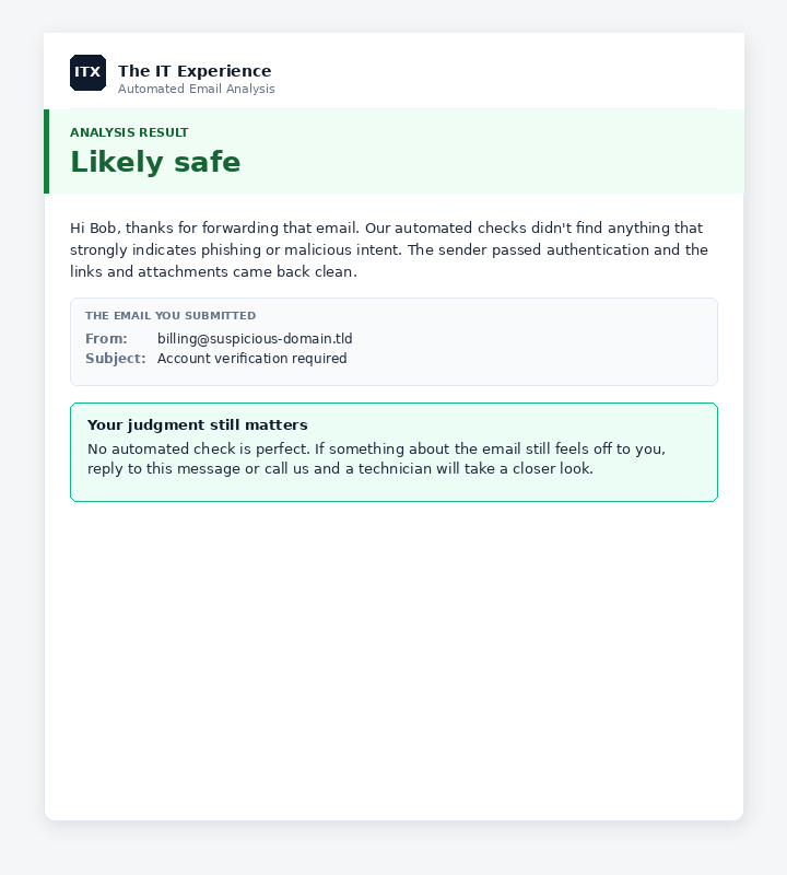 Sample reply email with a green 'Likely safe' banner and a green note reminding the user that no automated check is perfect, and to reach out if something still feels off.