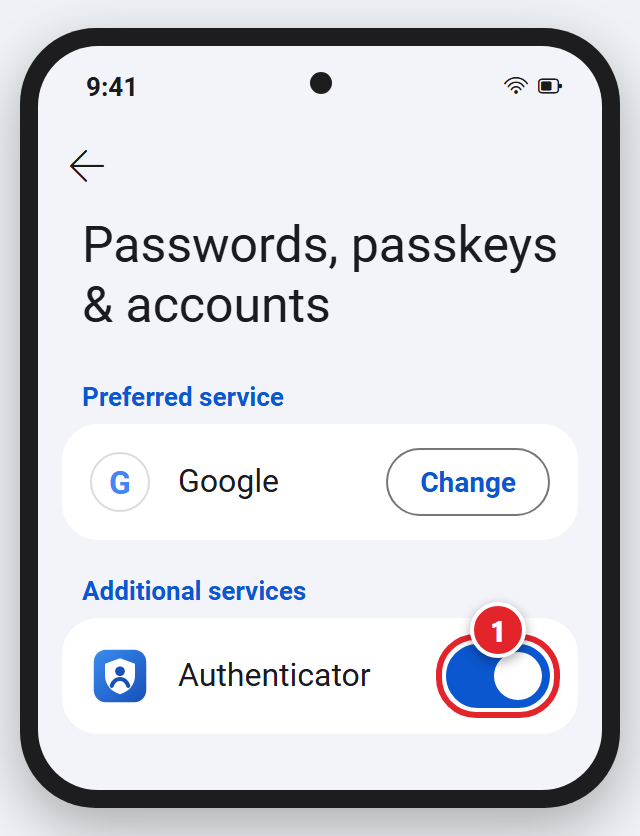 The Android Settings page Passwords, passkeys and accounts. Under Preferred service is Google, with a Change button. Under Additional services, the switch for Authenticator is on and marked 1.