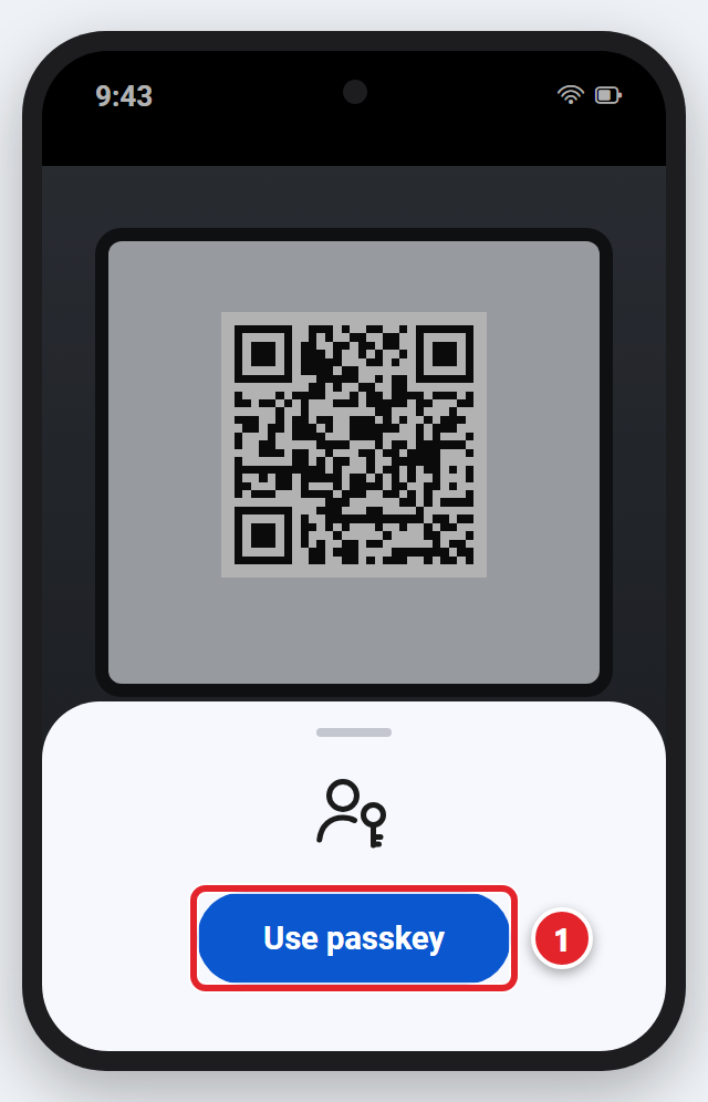 An Android phone with the Camera app pointed at the QR code on a computer screen. A panel at the bottom shows a passkey icon and a blue Use passkey button, which is marked 1.