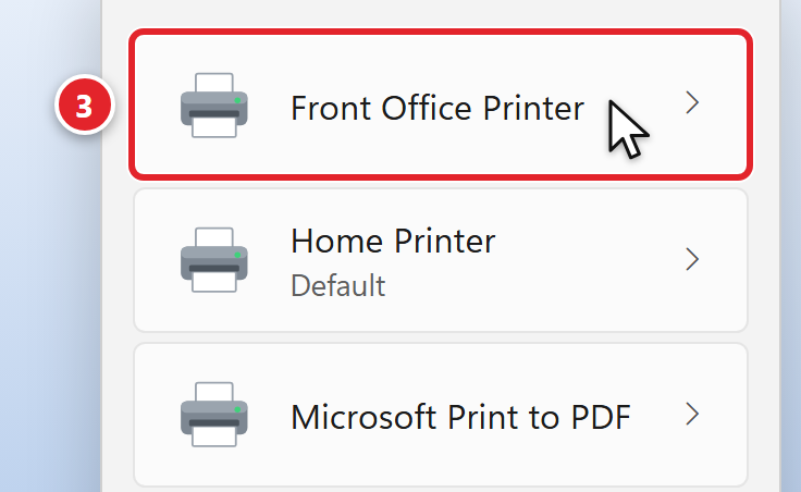 The printer list on the Printers and scanners page in Settings. Three printers are listed: Front Office Printer, marked 3, Home Printer, shown as Default, and Microsoft Print to PDF.