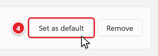 Close-up of the Front Office Printer page in Settings, opened from Printers and scanners. Two buttons: Set as default, marked 4, and Remove.