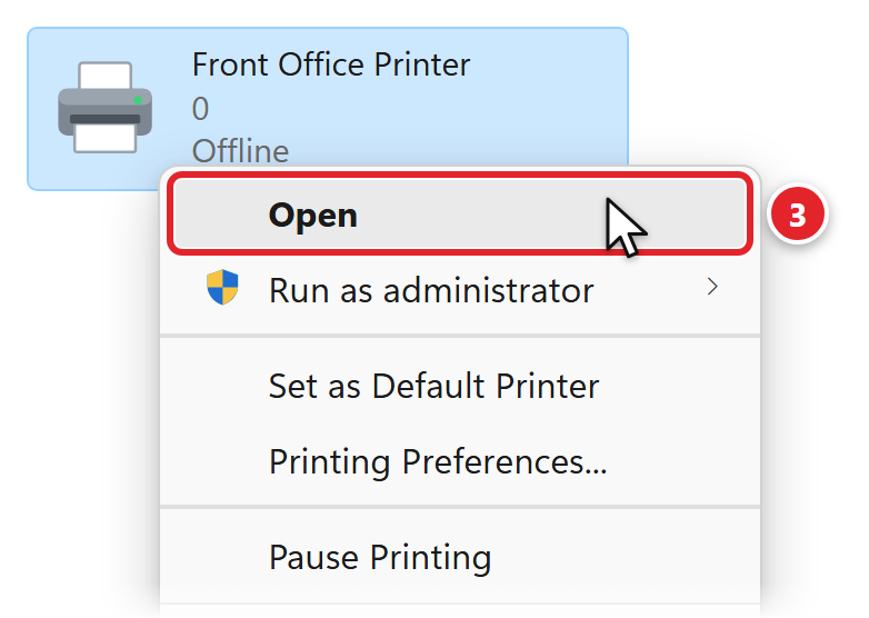 Close-up of the Printers folder in File Explorer. Front Office Printer, showing Offline, has been right-clicked, and Open, the first item in the menu that appears, is marked 3.