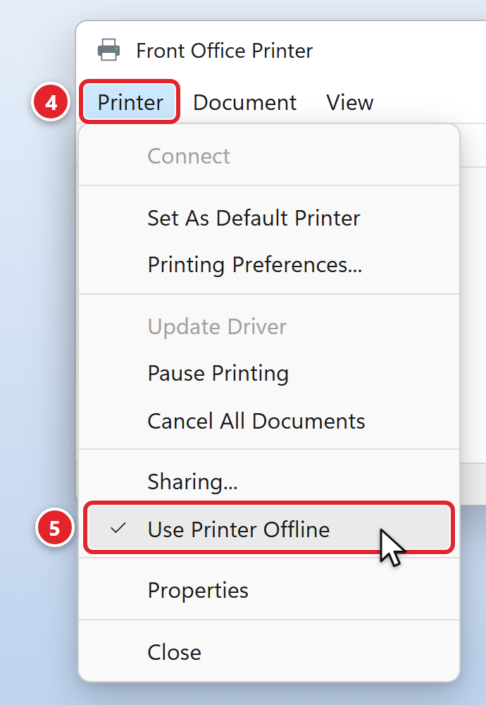 The older print queue window, titled Front Office Printer. The Printer menu at the top left is open and marked 4. In that menu, Use Printer Offline has a check mark beside it and is marked 5.