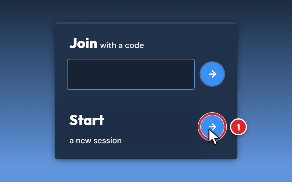 The Initiate Remote Support box on our website, with two choices: Join with a code, which has a box to type a code in, and Start a new session. The round arrow button next to Start a new session is marked 1.