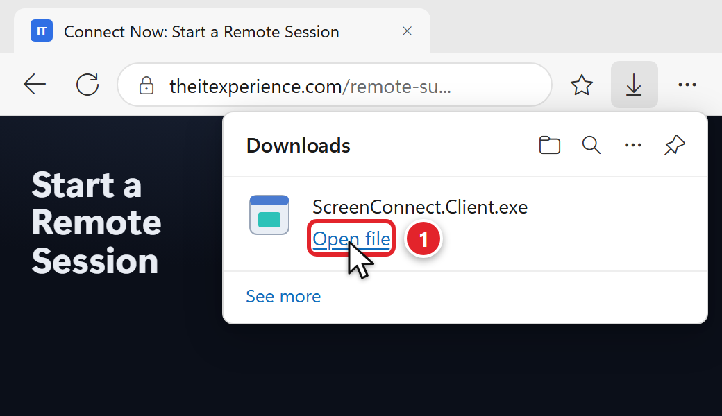 Microsoft Edge on our Remote Support page. The Downloads list is open at the top right of the window and shows ScreenConnect.Client.exe. The Open file link under the file name is marked 1.
