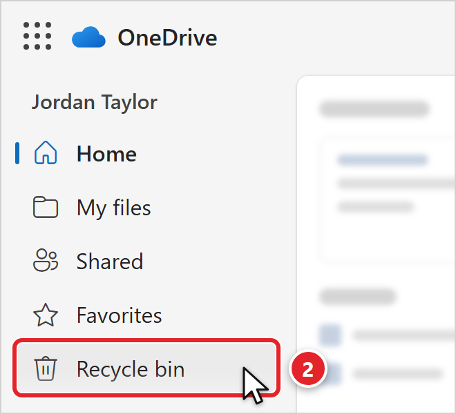 OneDrive for work in a web browser. The navigation pane on the left shows the user's name, Jordan Taylor, then Home, My files, Shared, Favorites and Recycle bin. Recycle bin is marked 2.