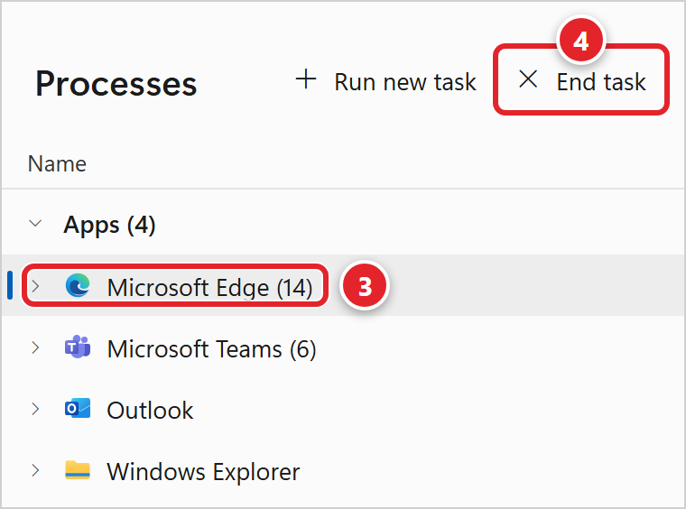 A close-up of Windows Task Manager on the Processes page. In the Apps list, the Microsoft Edge row is selected and marked 3. The End task button at the top, next to Run new task, is now active and marked 4. Microsoft Teams, Outlook and Windows Explorer are listed below Edge.