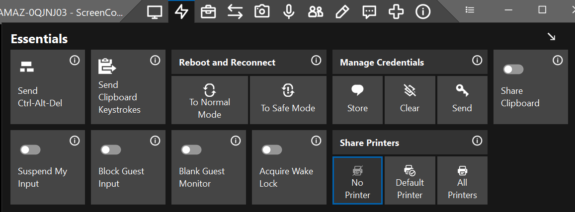 The ScreenConnect Essentials menu showing Send Ctrl-Alt-Del, Send Clipboard Keystrokes, Reboot and Reconnect, Manage Credentials, Share Clipboard, Suspend My Input, Block Guest Input, Blank Guest Monitor, Acquire Wake Lock, and Share Printers.