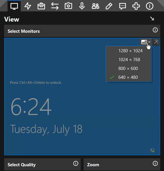 The ScreenConnect Select Monitors panel with the resolution dropdown open, listing 1280x1024, 1024x768, 800x600, and 640x480, with 640x480 currently checked.